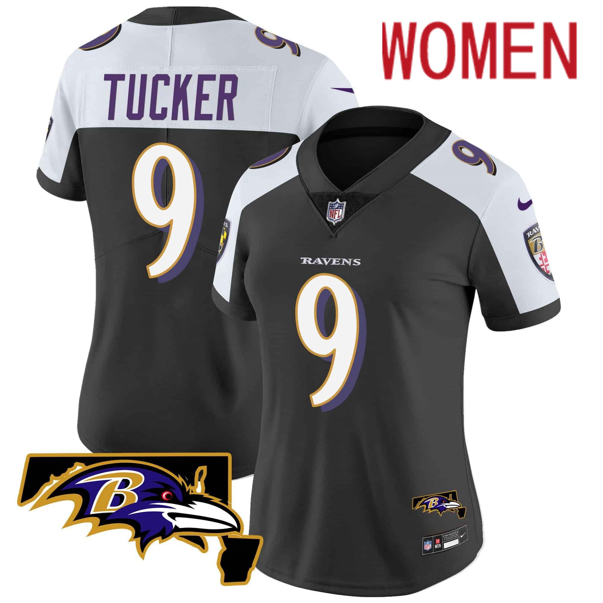 Women Baltimore Ravens 9 Tucker Black 2024 Nike Maryland Patch Vapor Limited NFL Jersey